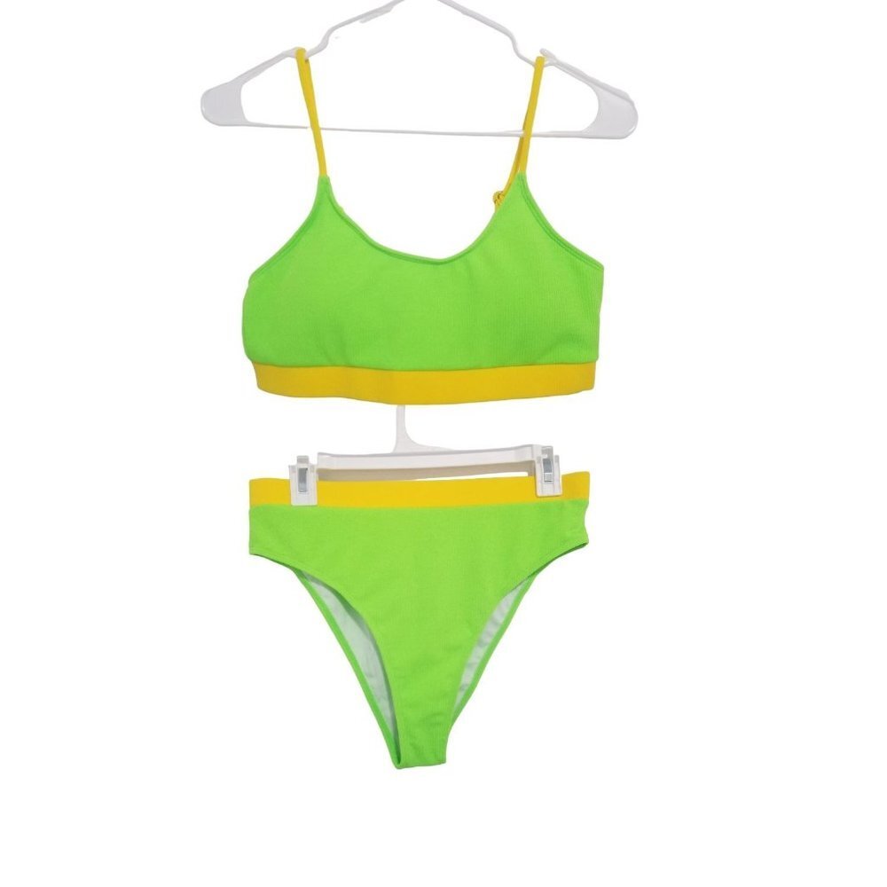 NEW Lilosy High Waisted Ribbed Bikini 2 Piece Color‎ Neon Green / Yellow Size L